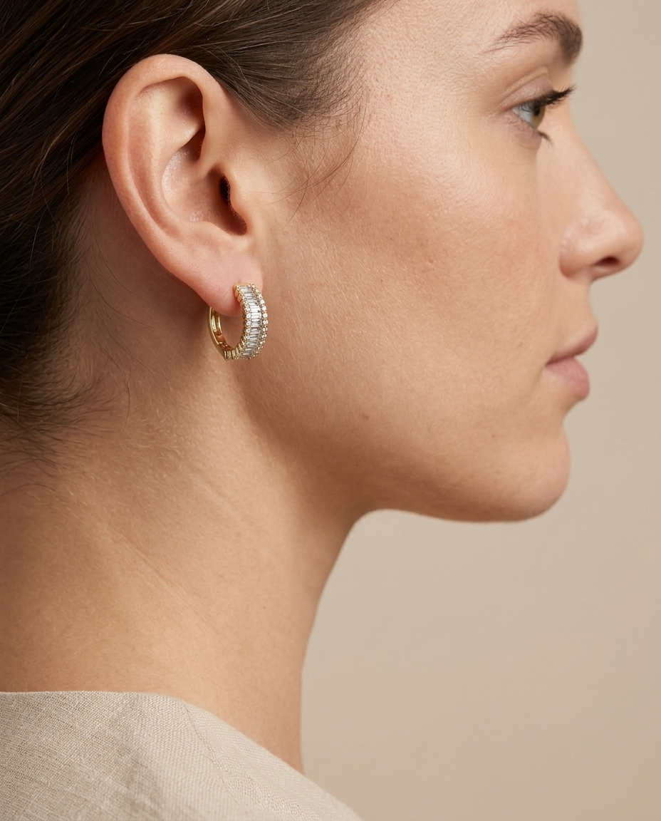 14KT Yellow Gold Diamond Hoop Earring on model