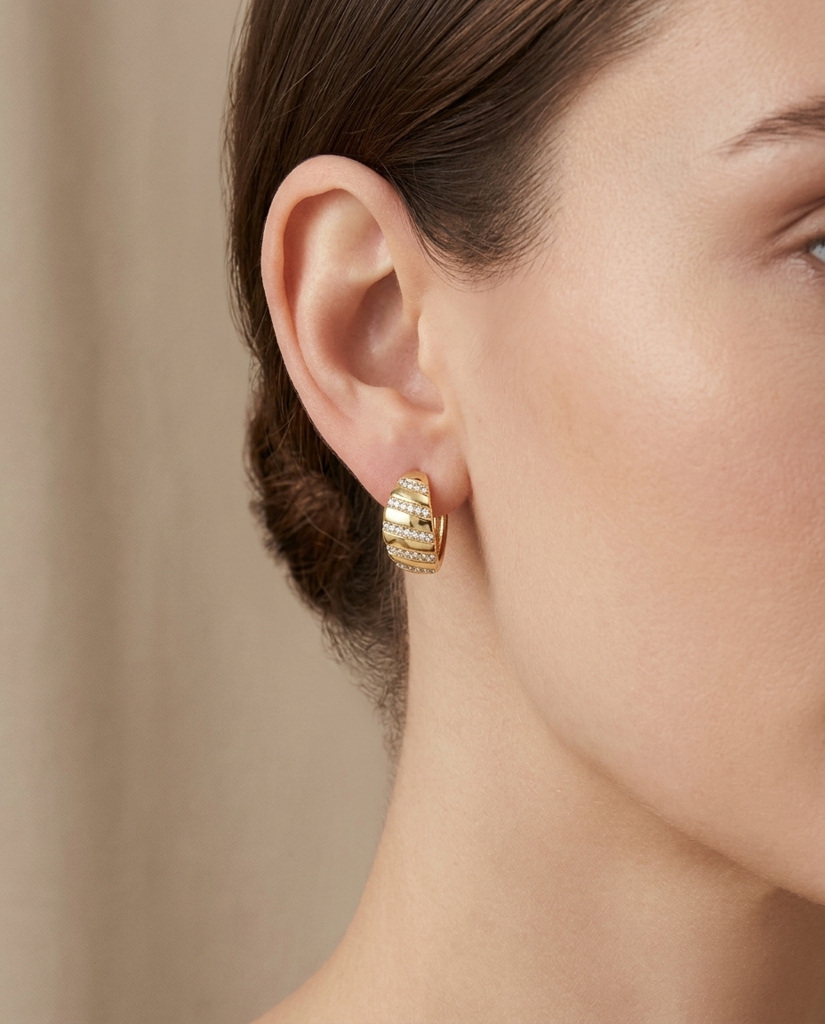 14KT Yellow Gold Diamond Hoop Earrings on model