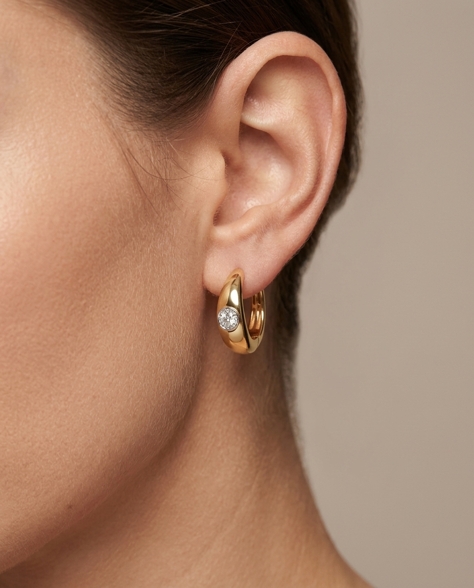 14KT Gold Diamond Hoop Earrings on model
