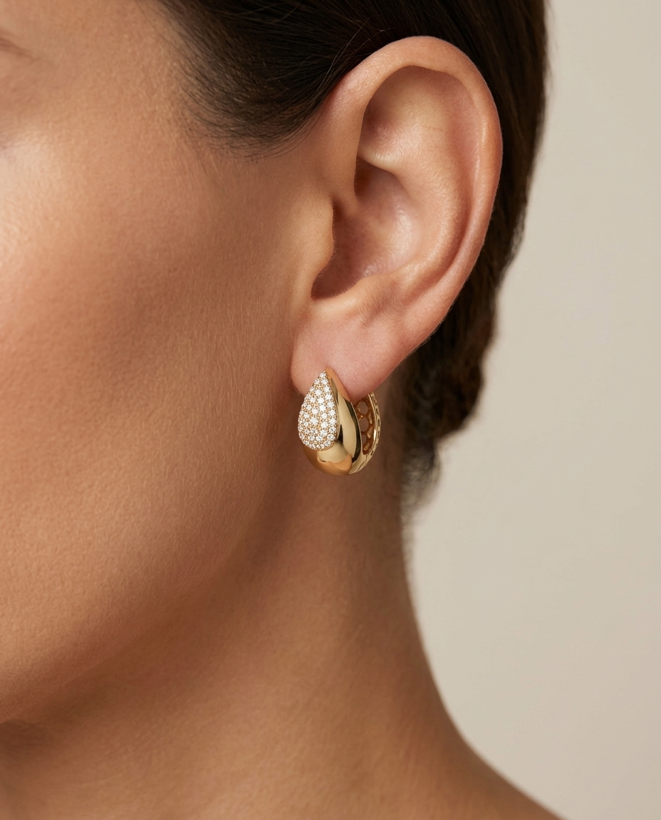 14KT Gold Diamond Earrings on model