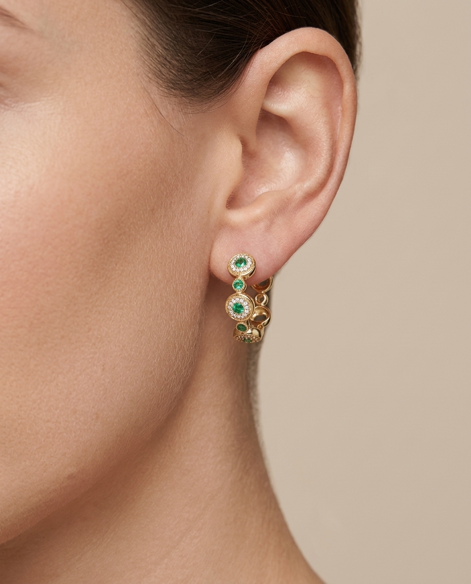 14KT Yellow Gold Emerald and Diamonds Hoop Earing on model