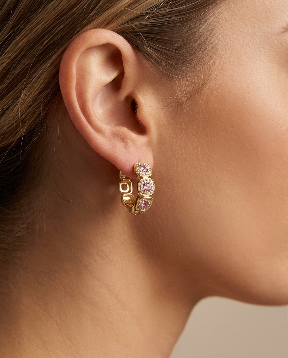 14KT Yellow Gold Pink Sapphire and Diamonds Hoop Earing on model