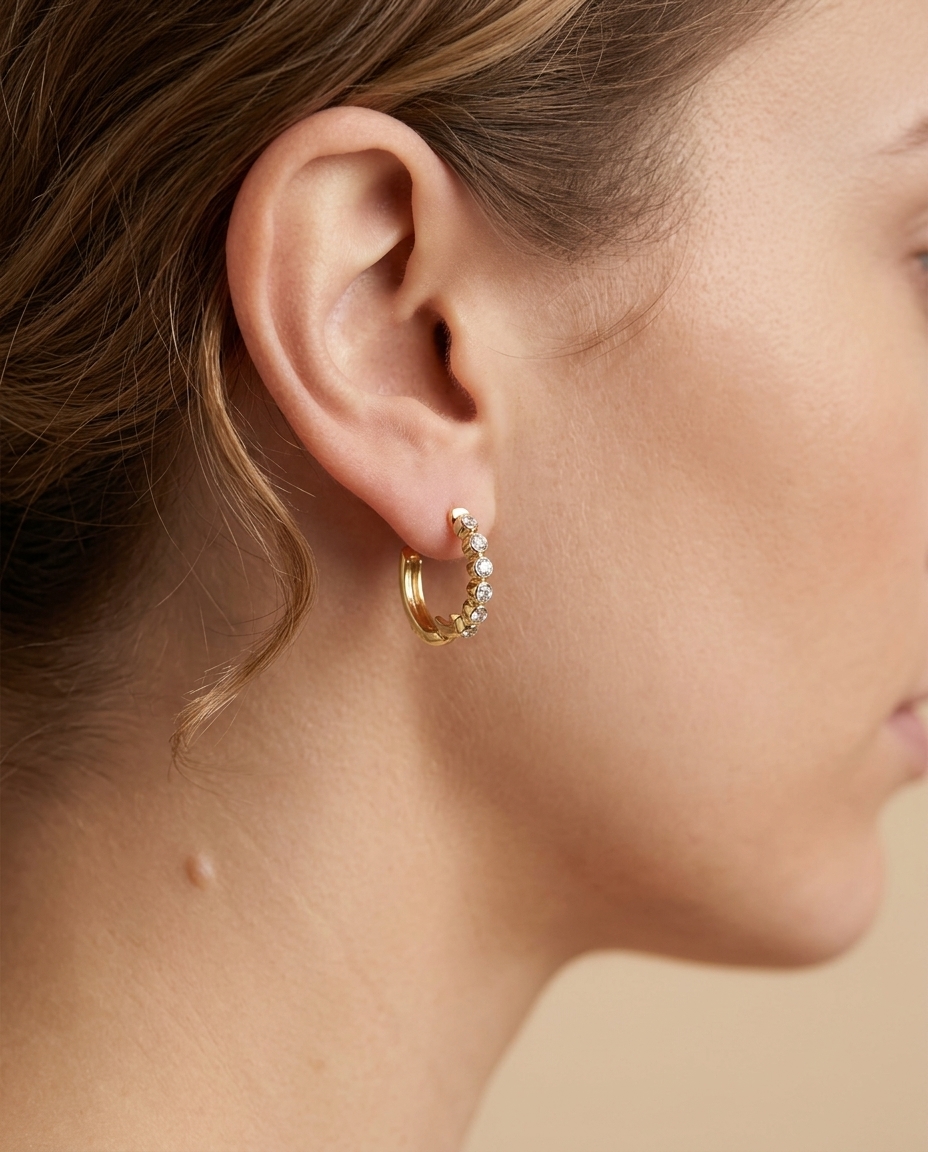 14KT Gold Diamond Earrings on model