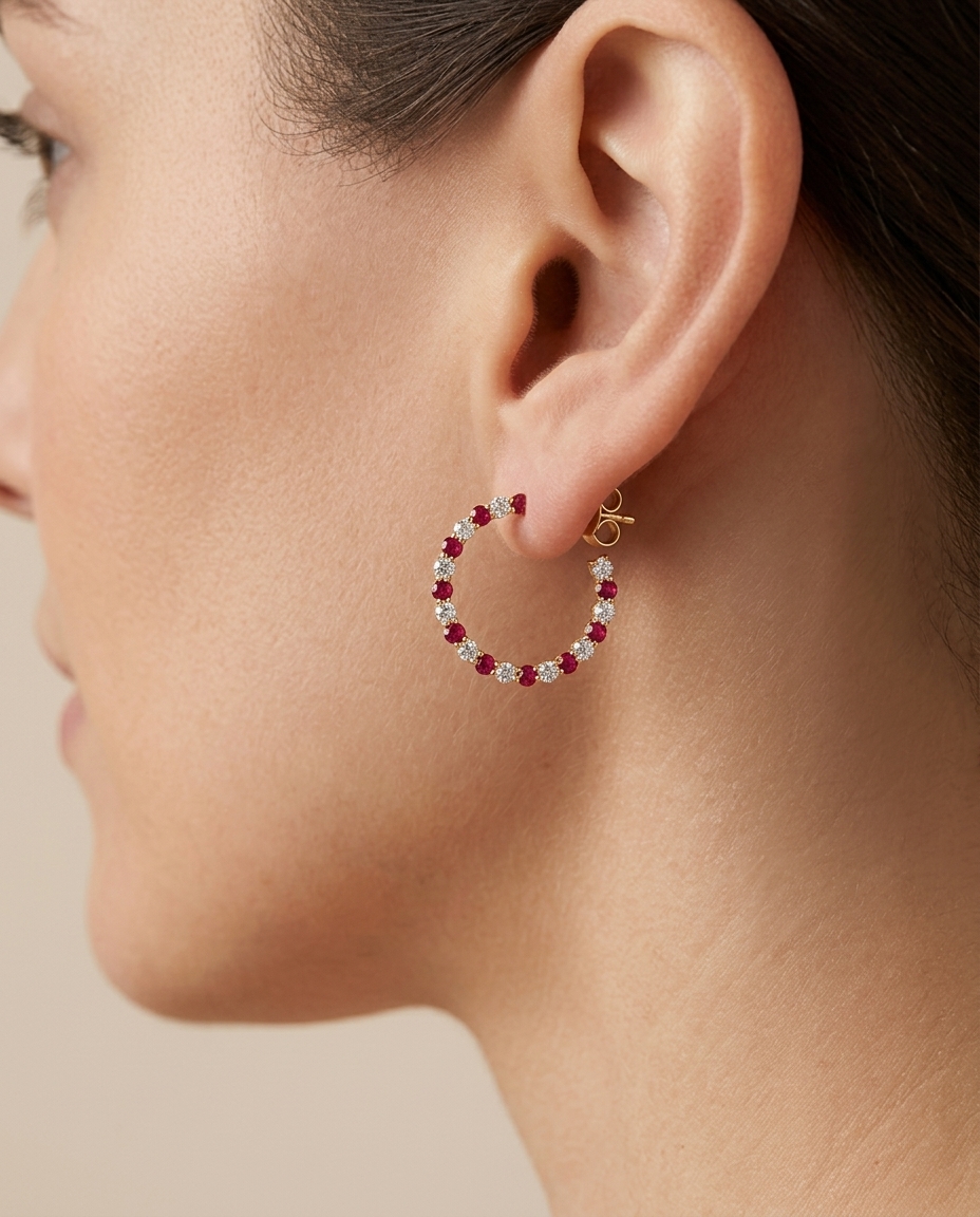 14KT Gold Ruby and Diamond Earrings on model