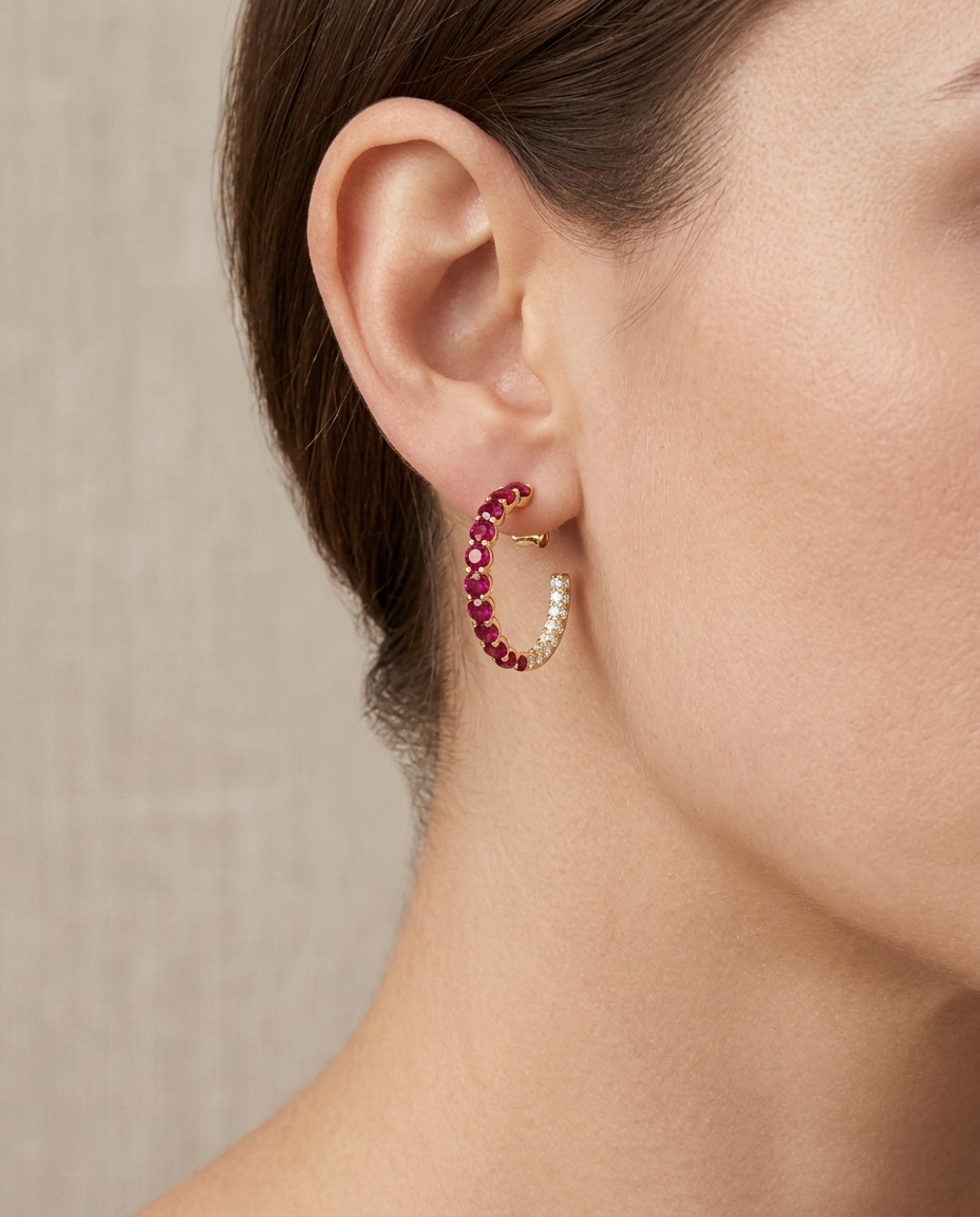 14KT Gold Ruby with Diamonds Earring on model