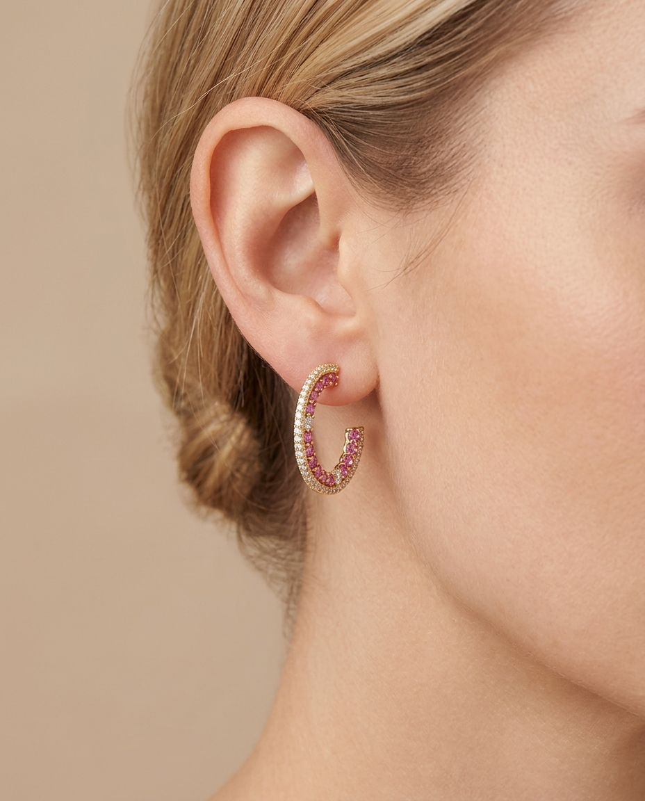 14KT Gold Pink Sapphire with Diamonds Earring on model