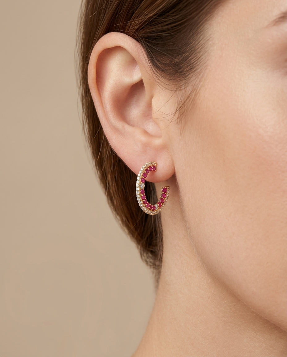 14KT Gold Ruby with Diamonds Earring on model