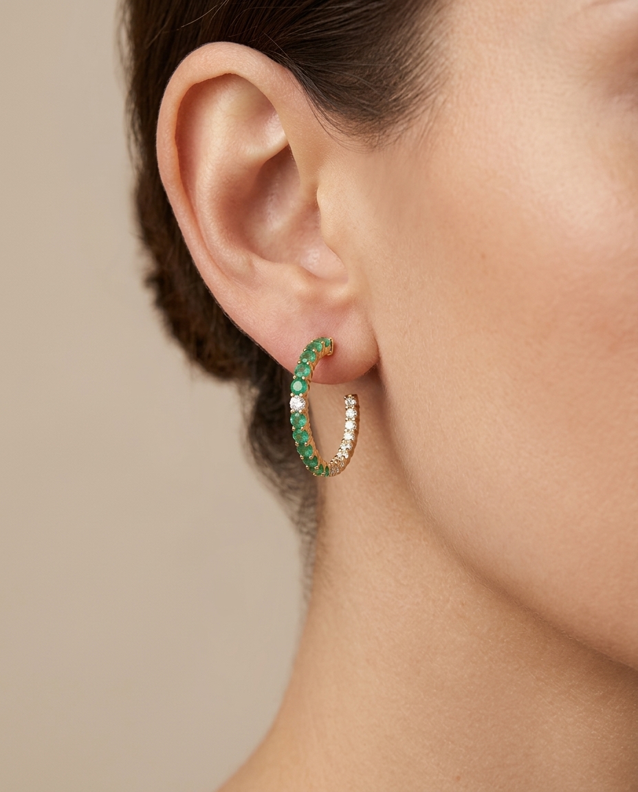 14KT Gold Emerald with Diamonds Earring on model