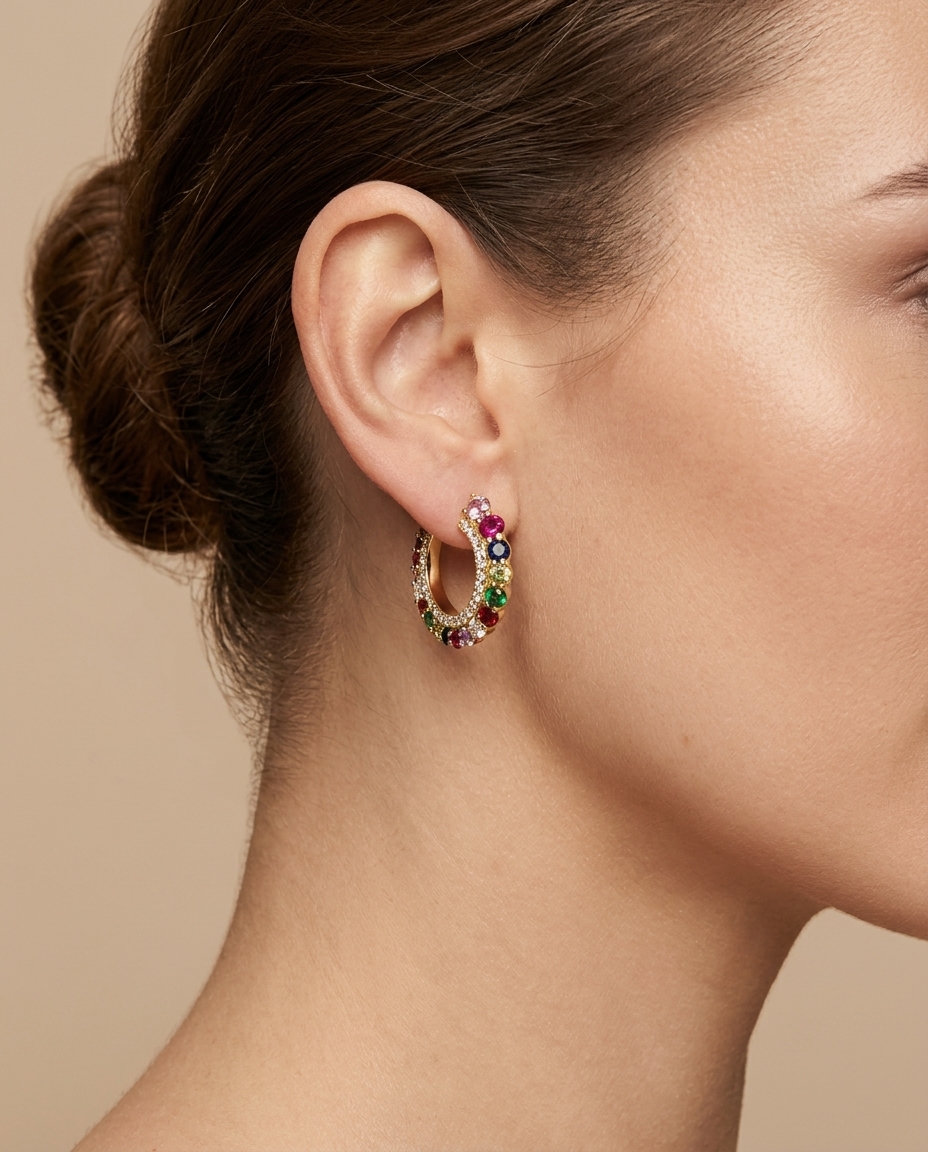 14KT Yellow Gold Ruby and Diamond Earring on model