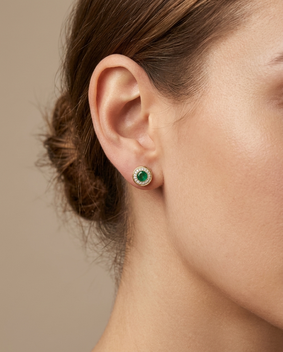 14KT Yellow Gold Diamond and Emerald Round Earing Studs on model