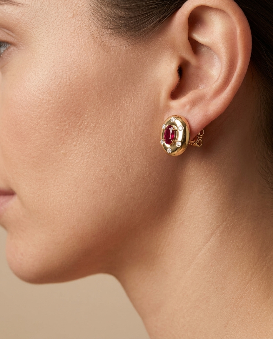 14KT Gold Ruby and Diamond Earring on model