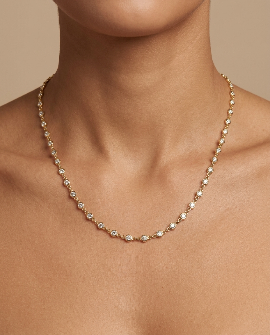 14KT Yellow Gold Diamond Bezel Necklace on model