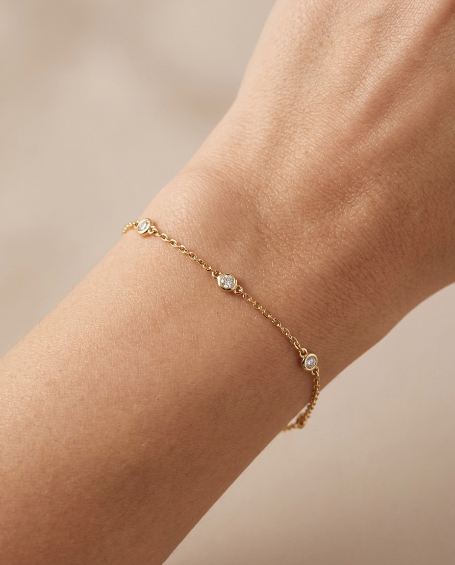 14KT Yellow Gold Diamond Station Chain Bracelet on model