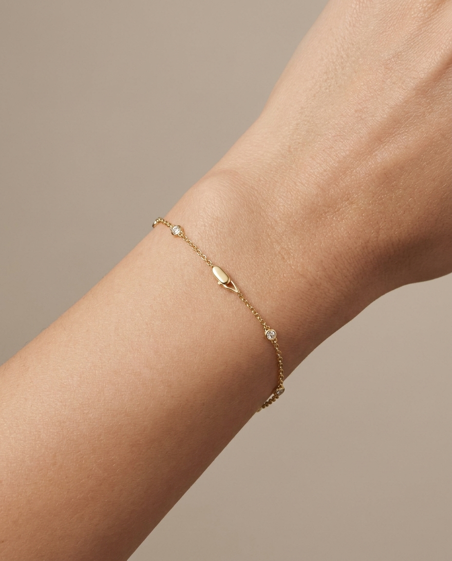 14KT Yellow Gold Diamond Station Chain Bracelet on model