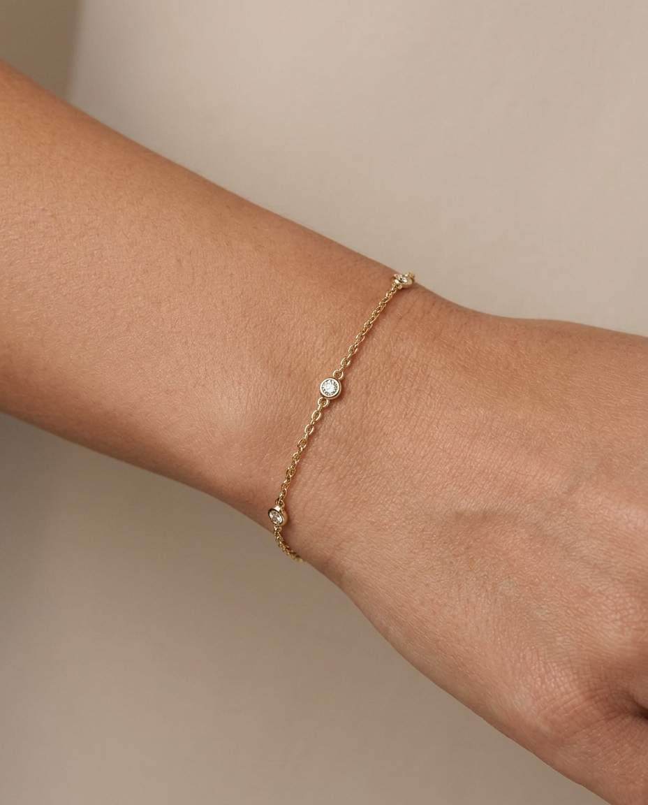 14KT Gold Diamond Station Chain Bracelet on model