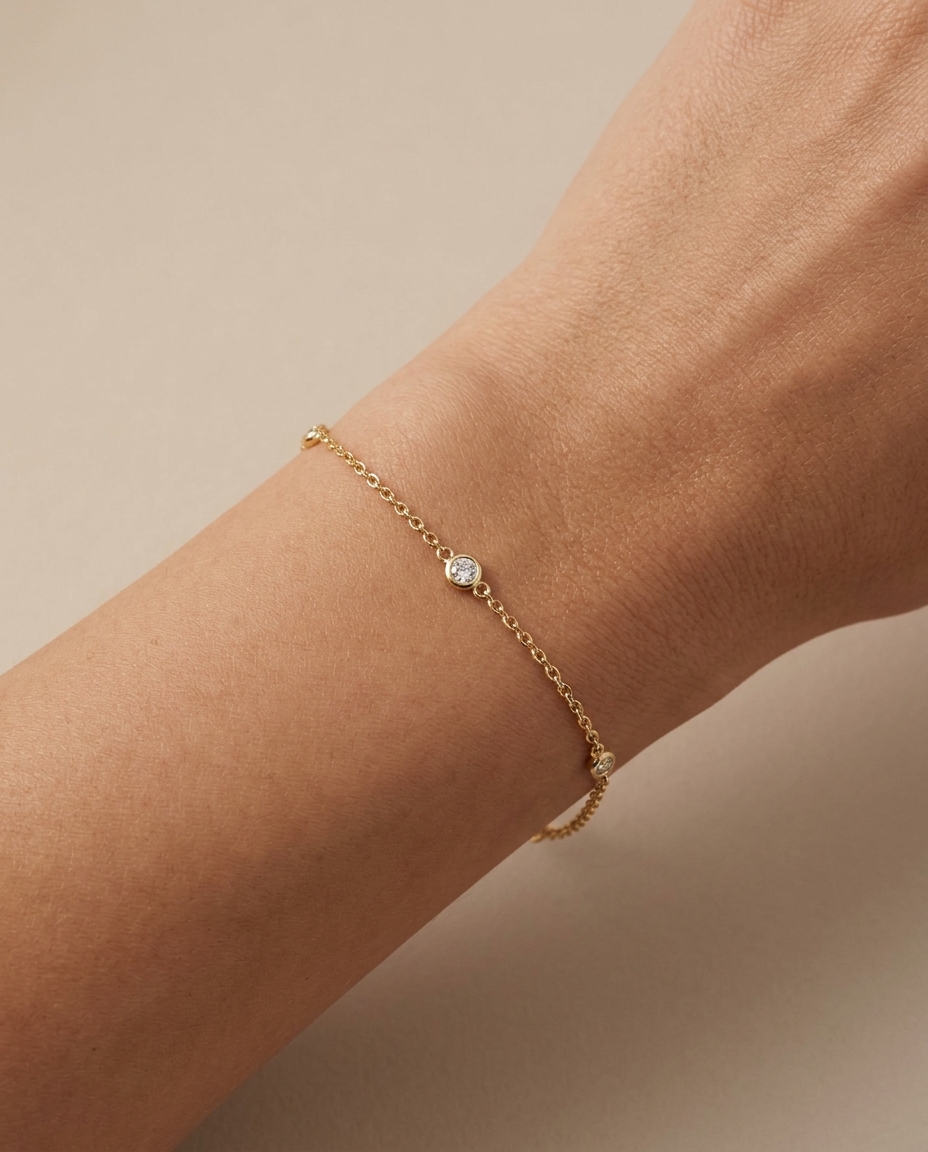 14KT Gold Diamond Station Chain Bracelet on model