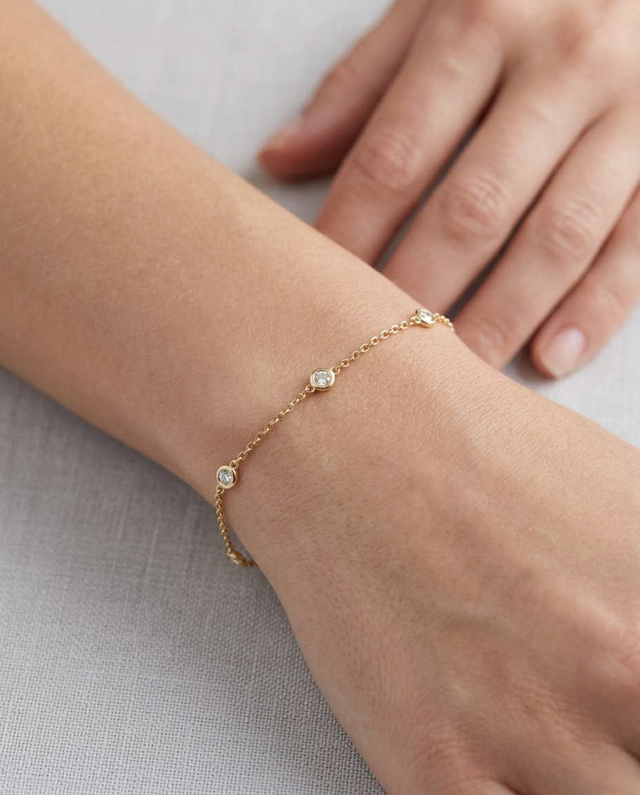 14KT Yellow Gold Diamond Station Chain Bracelet on model