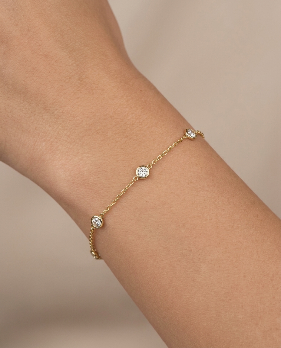 14KT Gold Diamond Station Chain Bracelet on model