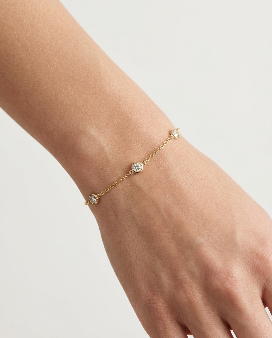 14KT Gold Diamond Station Chain Bracelet on model
