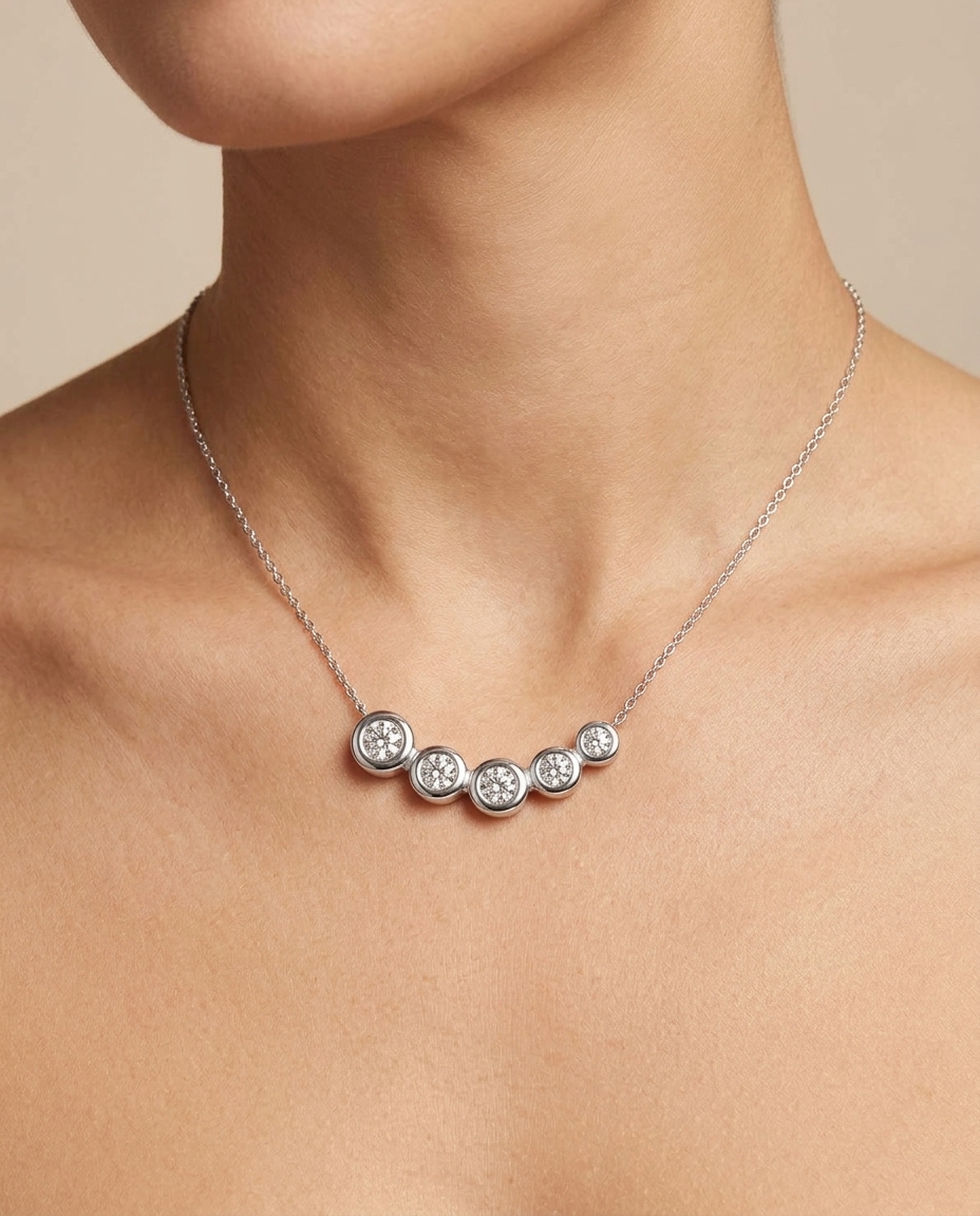 14KT Gold Diamond Bezel Set Necklace on model
