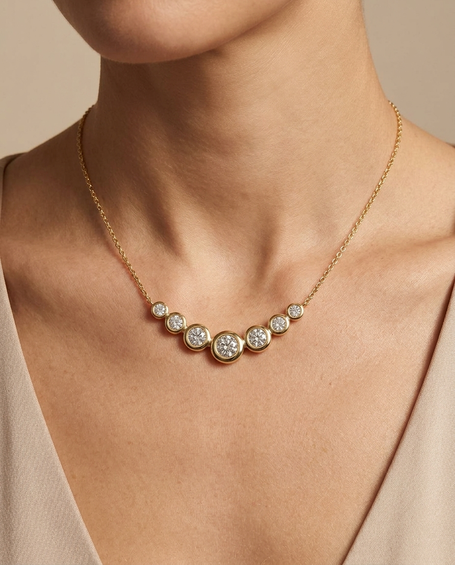 14KT Gold Diamond Bezel Set Necklace on model
