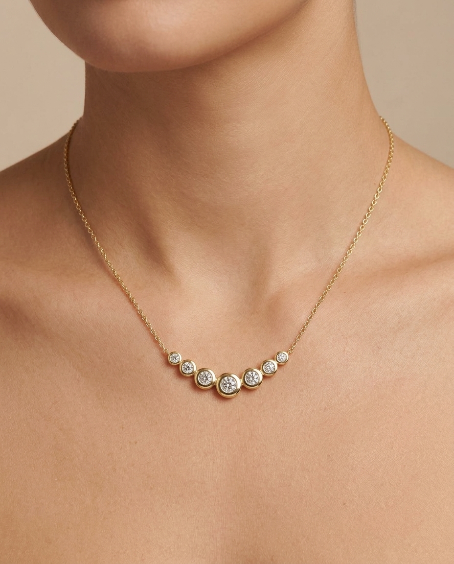 14KT Gold Diamond Bezel Set Necklace on model