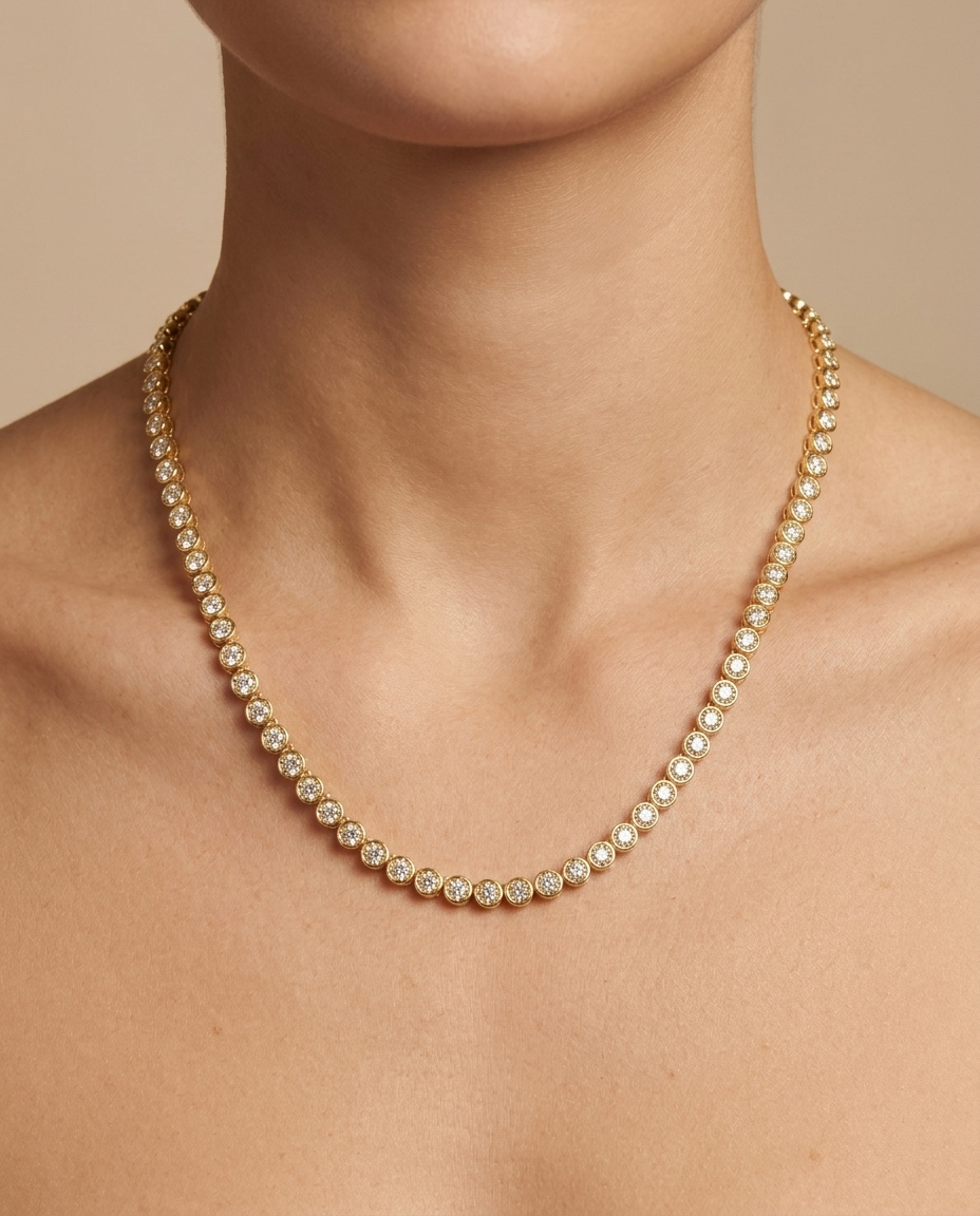 14KT Gold Diamond Bezel Set Necklace on model