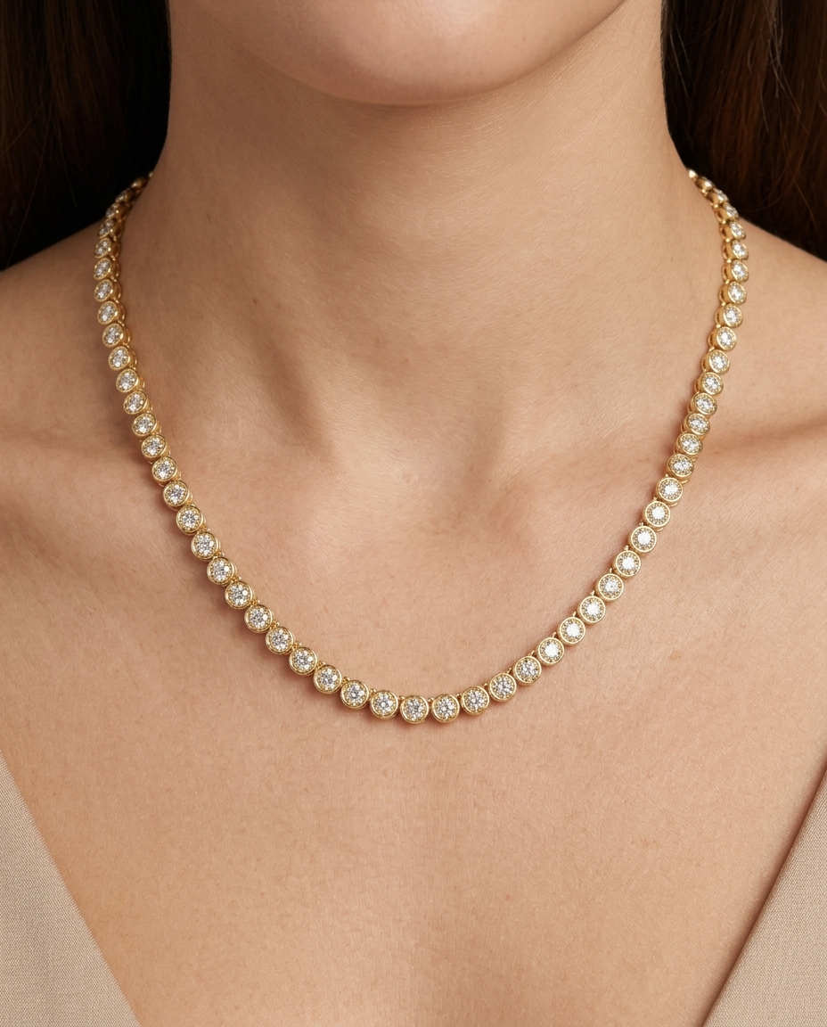 14KT Gold Diamond Bezel Set Necklace on model