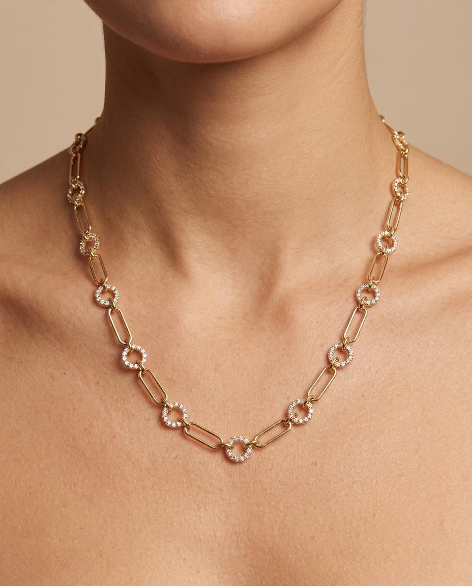 14KT Yellow Paperclip Link with Diamonds Necklace on model