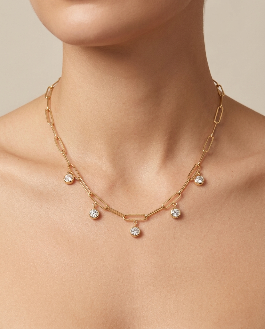 14KT Yellow Gold Diamond Paperclip Necklace on model