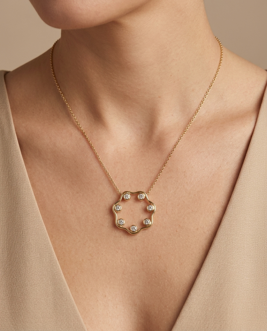 14KT Yellow Gold Diamond Necklace on model