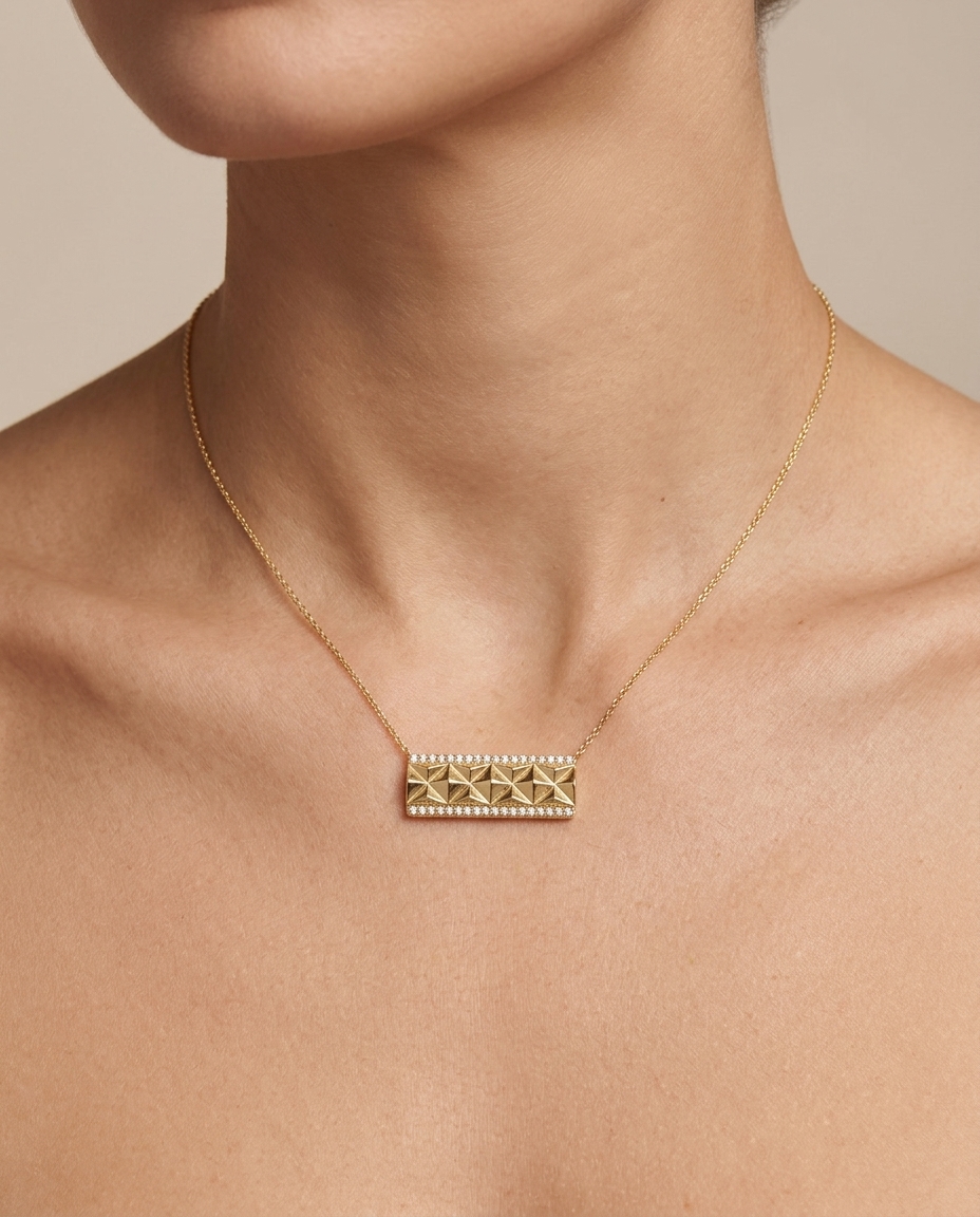 14KT Yellow Gold Diamond Bar Necklace on model