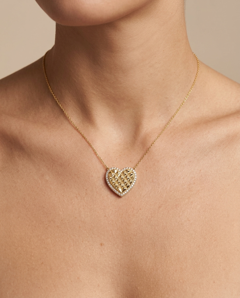 14KT Gold Diamond Heart Shape Necklace on model