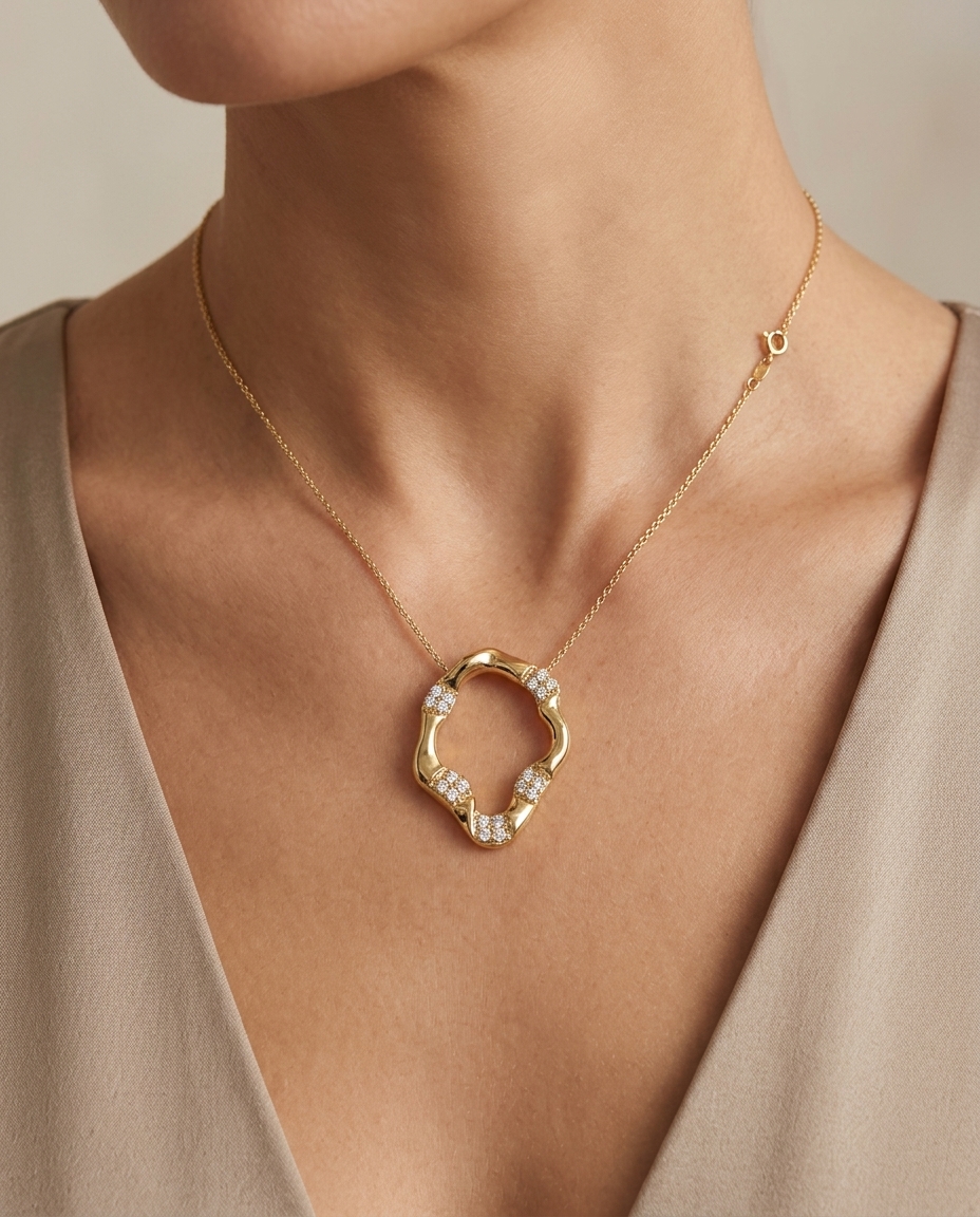 14KT Yellow Gold Diamond Pendant on model