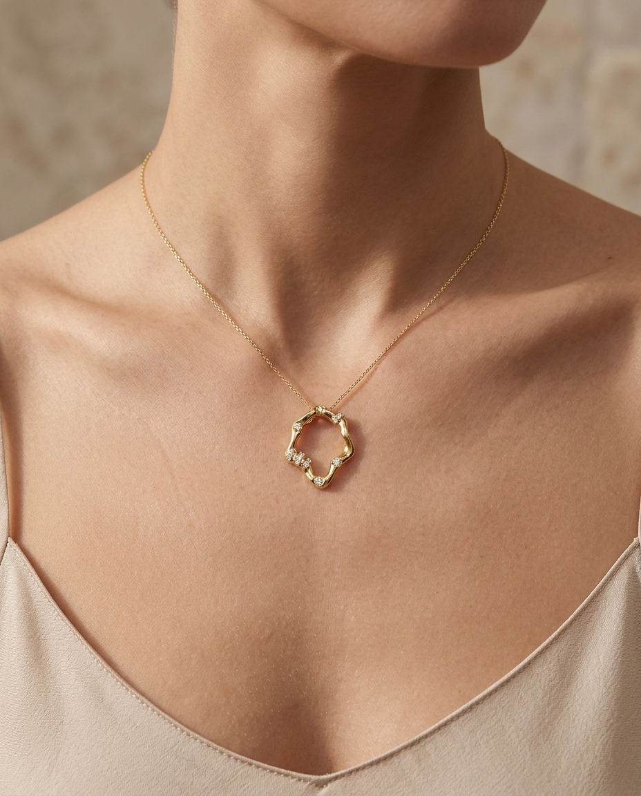 14KT Gold Diamond Pendant on model