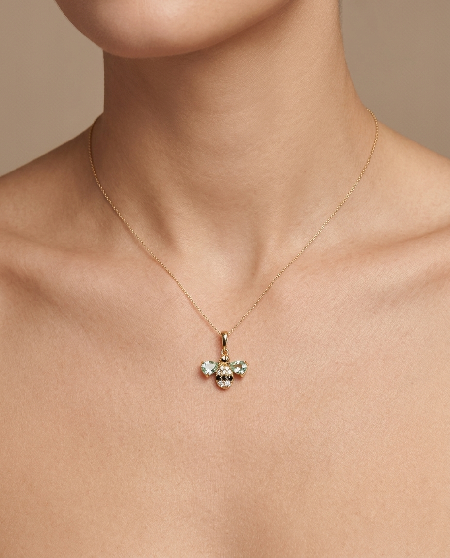 14KT Yellow Gold Green Sapphire and Diamonds Bee Pendant on model