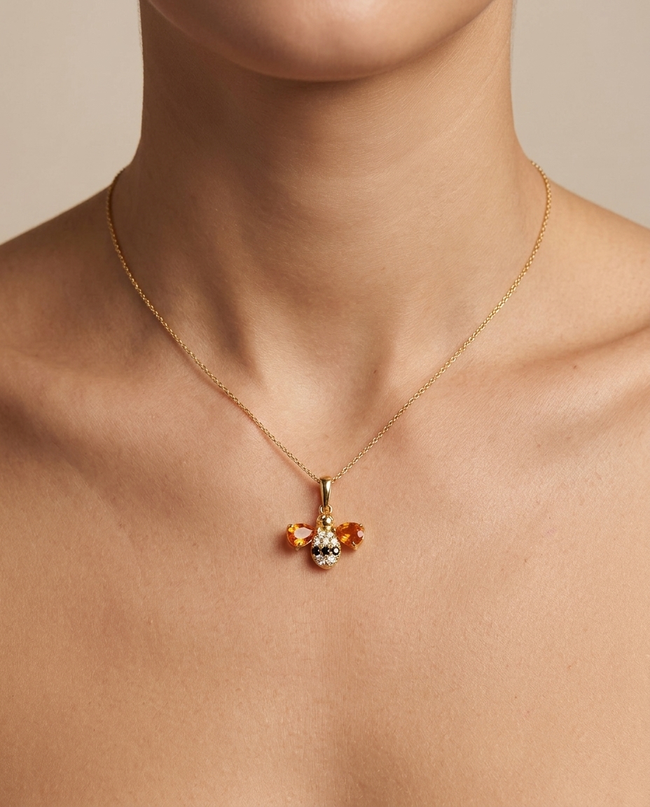 14KT Yellow Gold Orange Sapphire and Diamonds Bee Pendant on model