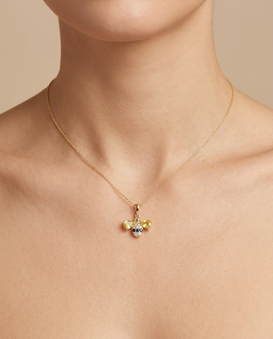 14KT Yellow Gold Yellow Sapphire and Diamonds Bee Pendant on model