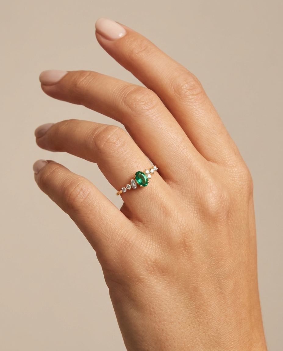 14KT Yellow Gold Emerald and Diamond Ring on model