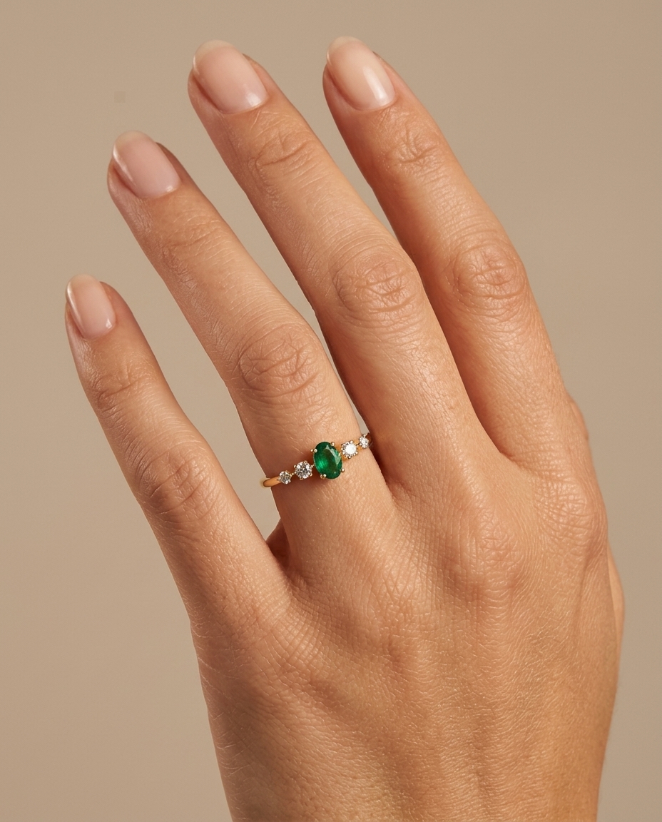 14KT Yellow Gold Emerald and Diamond Ring on model