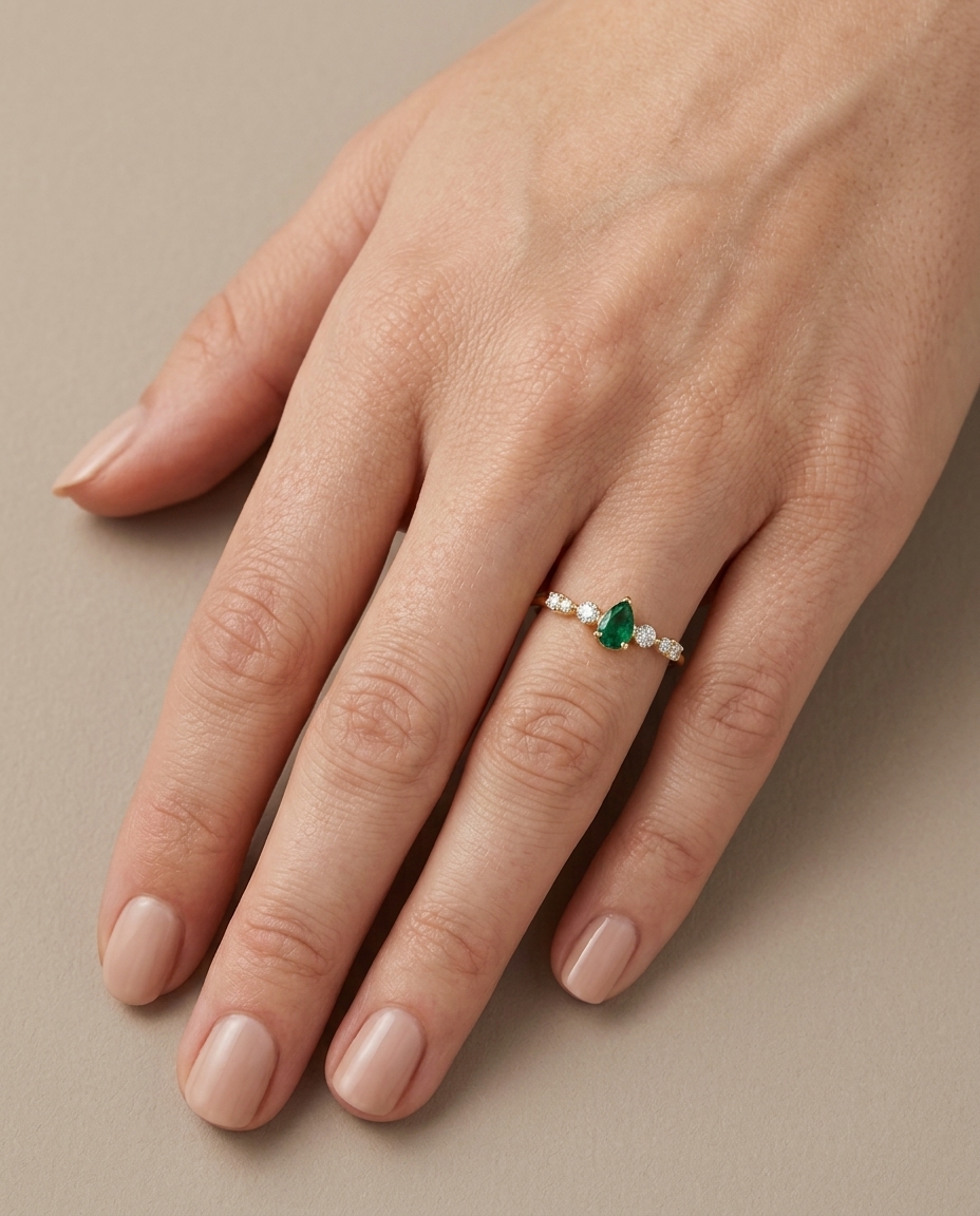 14KT Yellow Gold Emerald and Diamond Ring on model