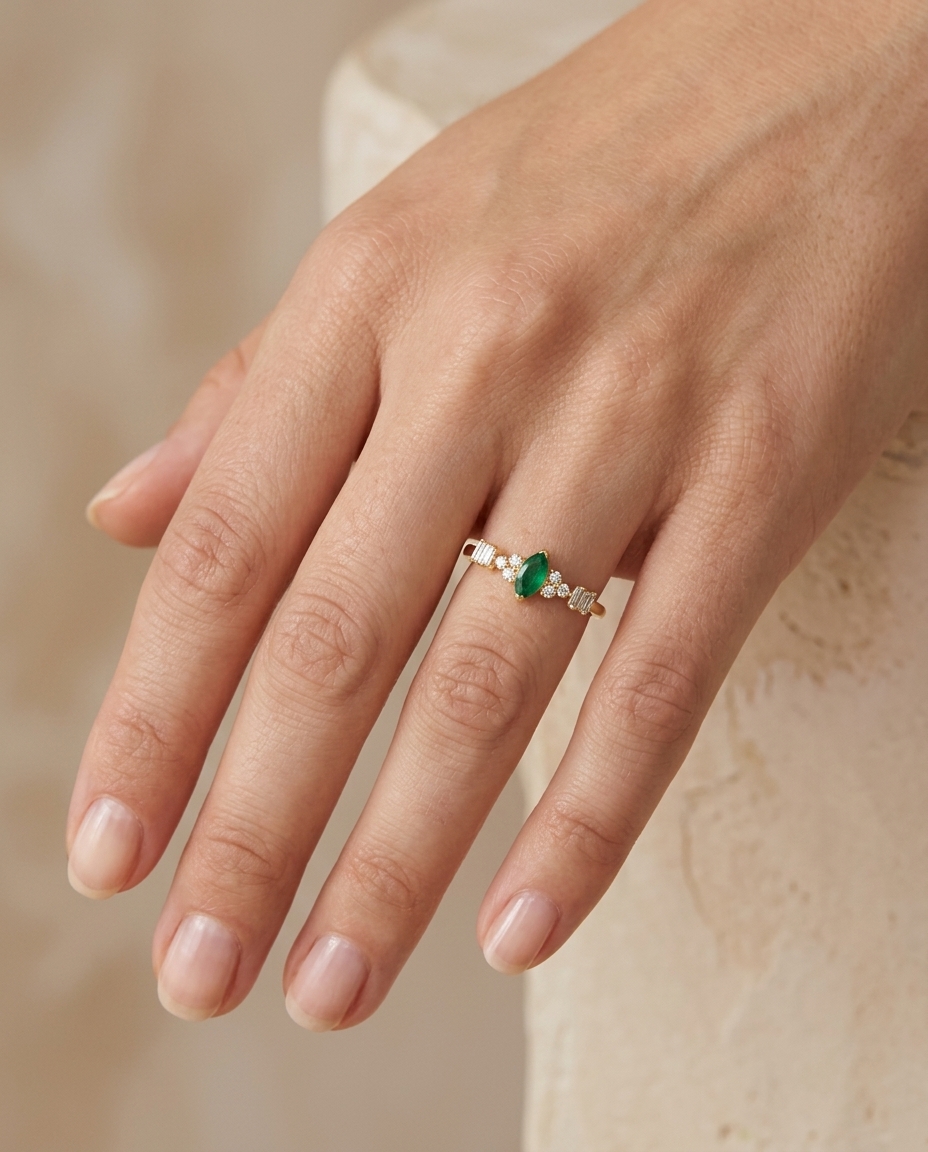 14KT Gold Emerald and Diamonds Ring on model