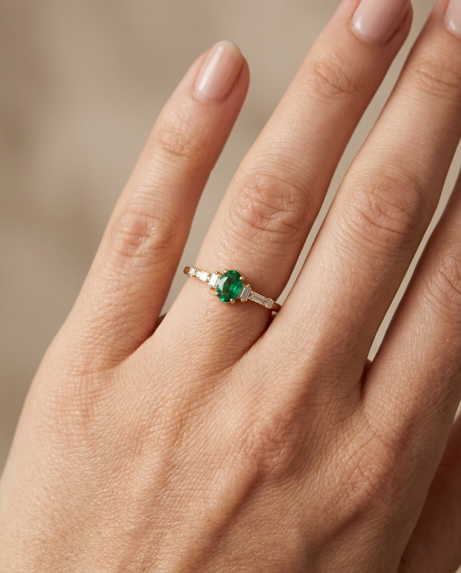 14KT Yellow Gold Emerald and Diamond Ring on model