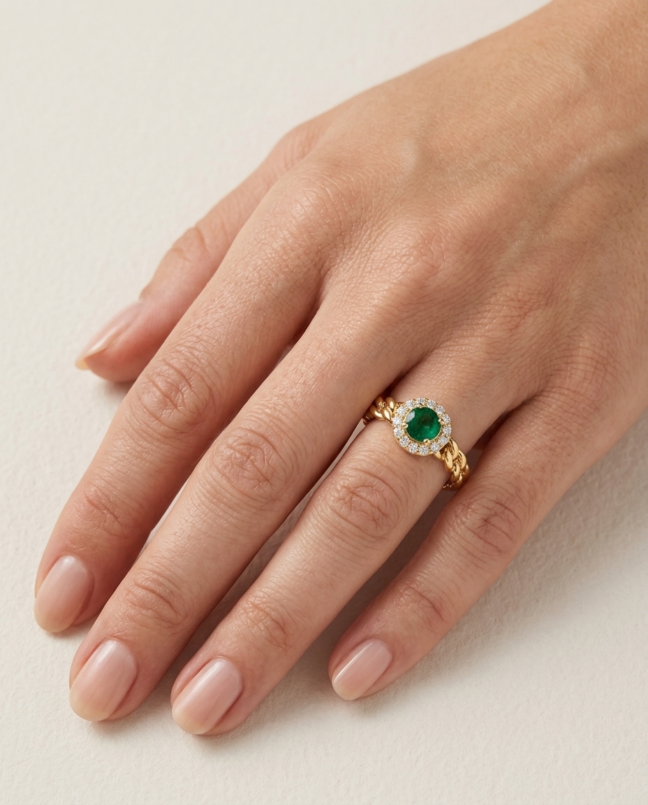 14KT Yellow Gold Emerald and Diamond Ring on model