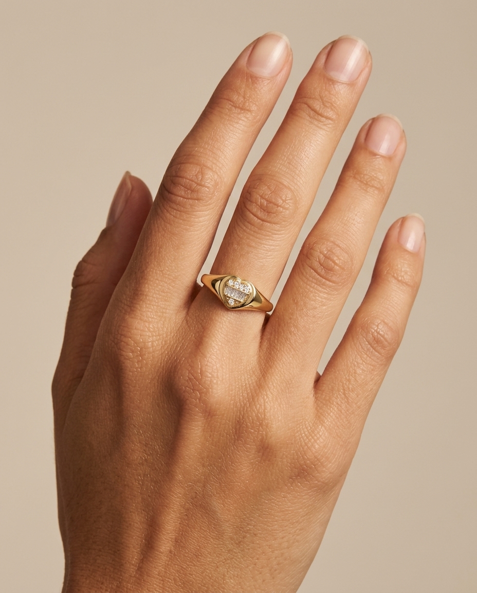 14KT Yellow Gold Diamond Heart Ring on model
