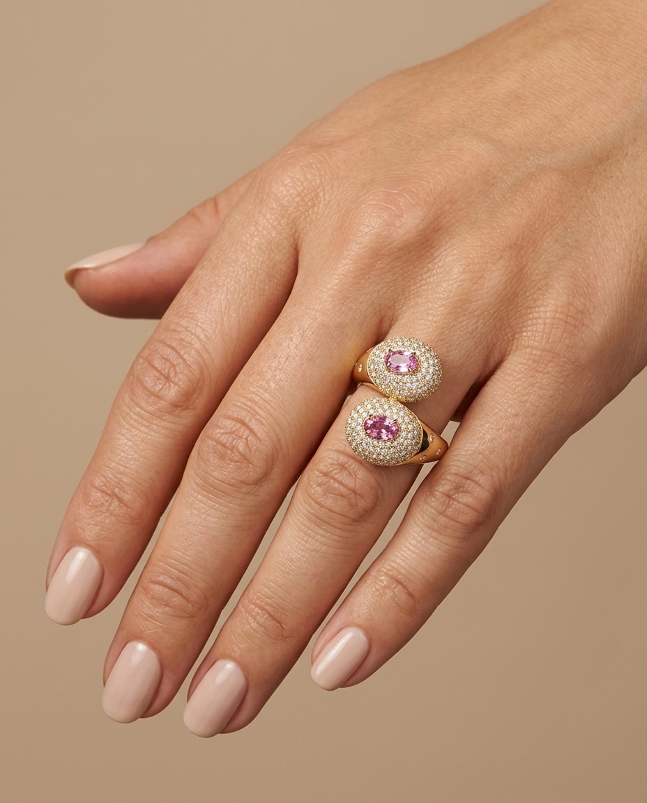 14KT Yellow Gold Pink Sapphire and Diamond Ring on model
