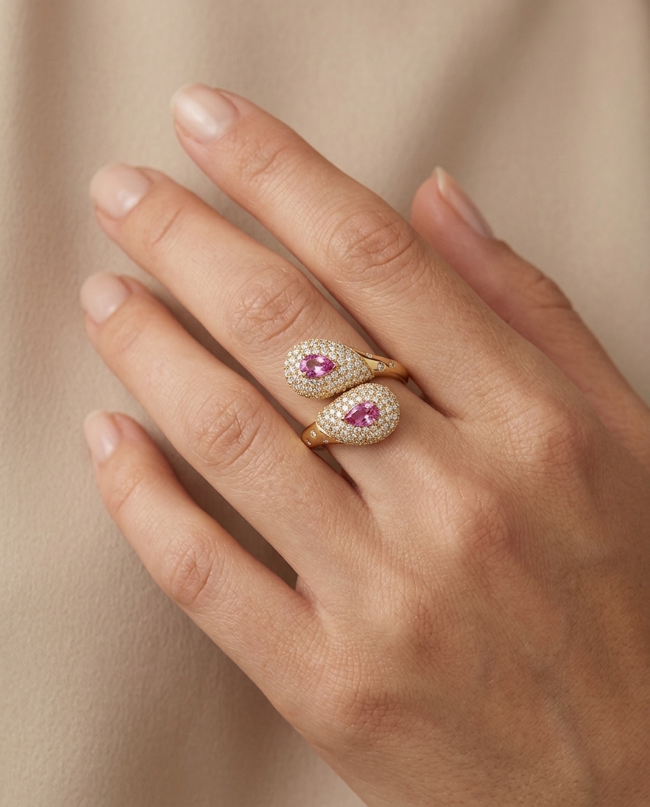 14KT Yellow Gold Pink Sapphire and Diamond Ring on model