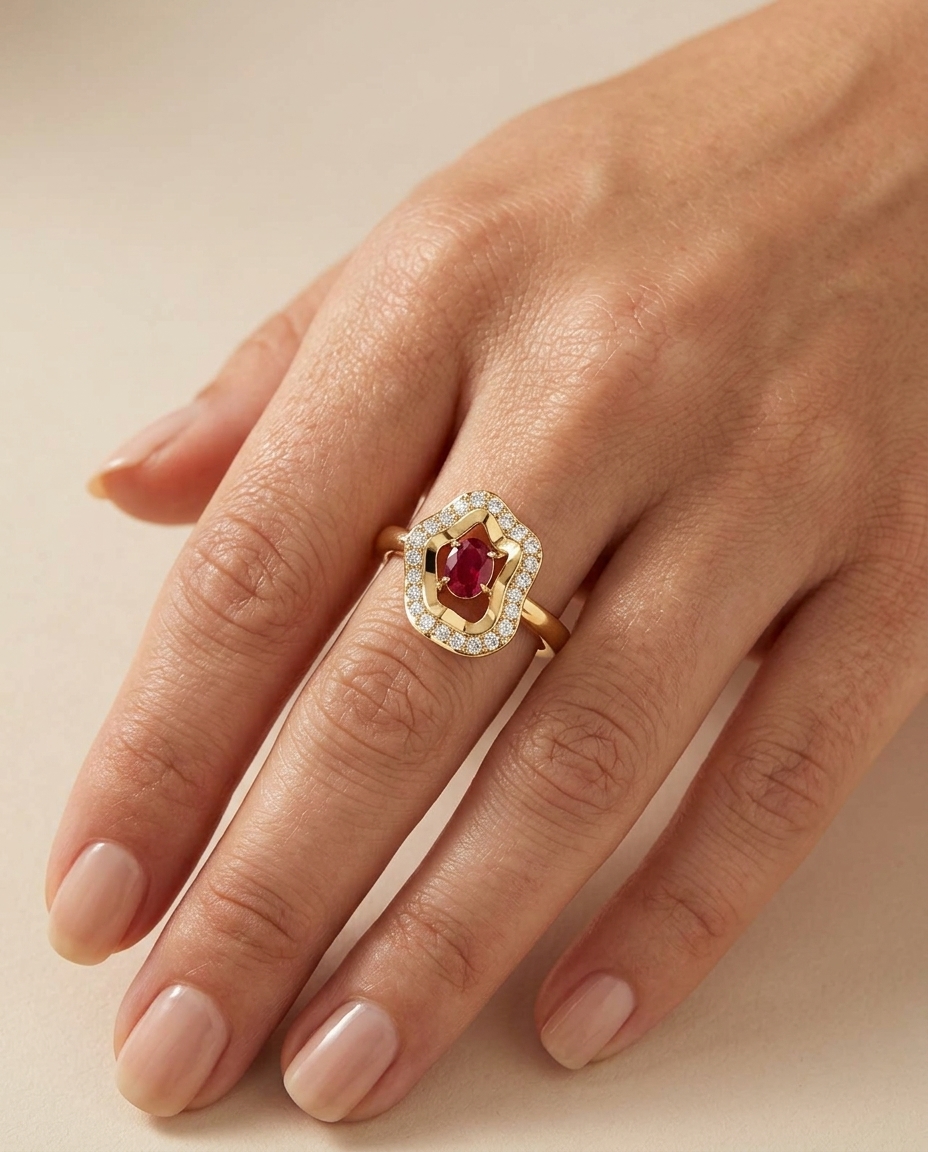 14KT Yellow Gold Ruby and Diamond Ring on model