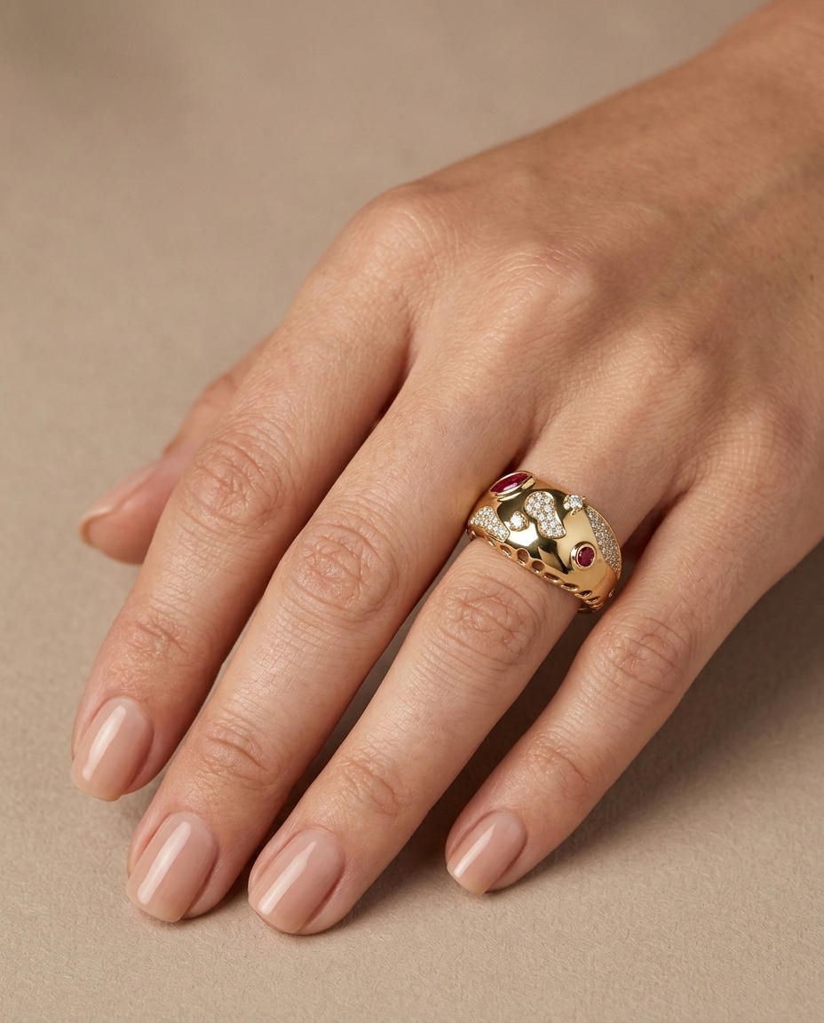 14KT Yellow Gold Ruby and Diamond Ring on model