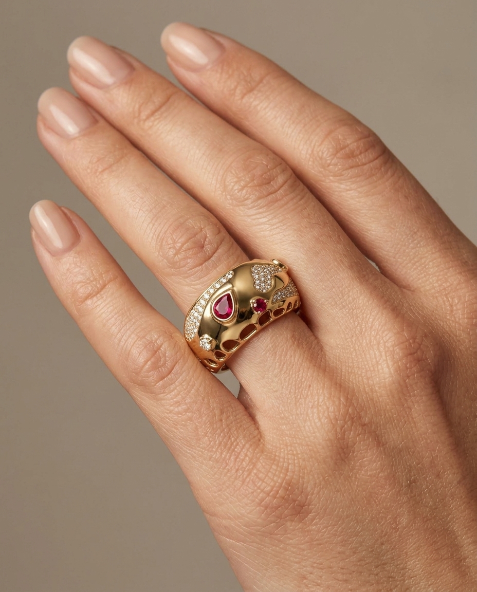 14KT Gold Ruby and Diamond Ring on model